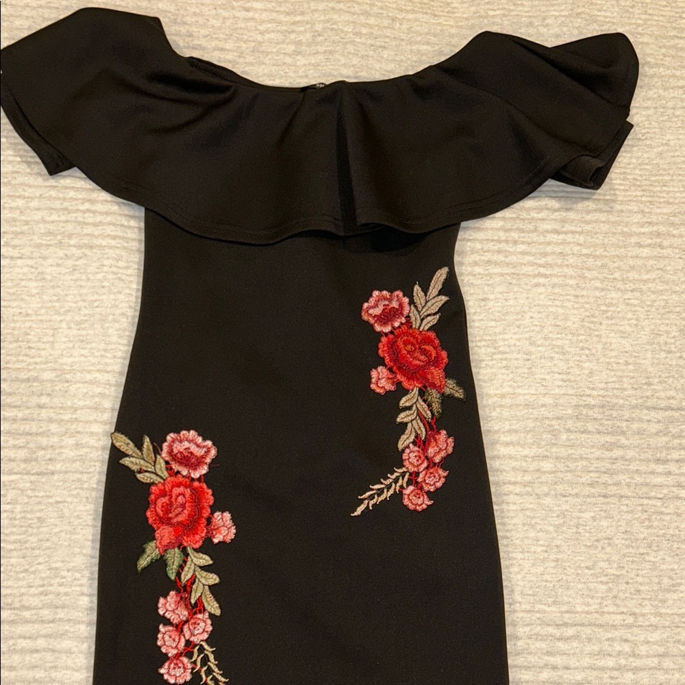 SHEIN Black Mini Dress with Red Floral Embroidery
